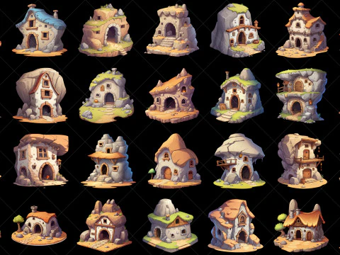 135 Ativo de jogo dom&eacute;stico estilo caverna de fantasia transparente Hut House Texturas CG