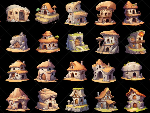 135 Ativo de jogo dom&eacute;stico estilo caverna de fantasia transparente Hut House Texturas CG