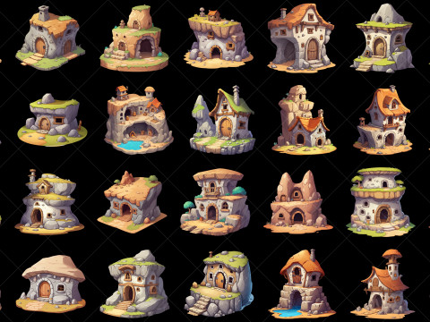 135 Transparent Fantasy Cave Style Hut House Home Game Asset Tekstur CG