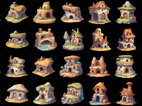 135 Ativo de jogo dom&eacute;stico estilo caverna de fantasia transparente Hut House Texturas CG