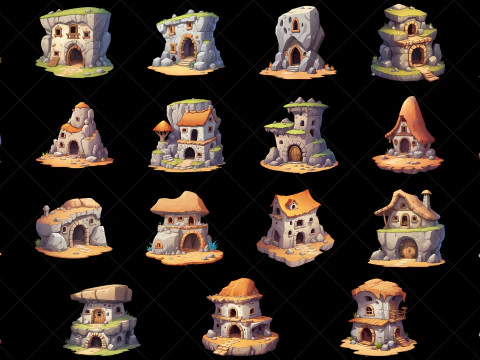 135 Ativo de jogo dom&eacute;stico estilo caverna de fantasia transparente Hut House Texturas CG