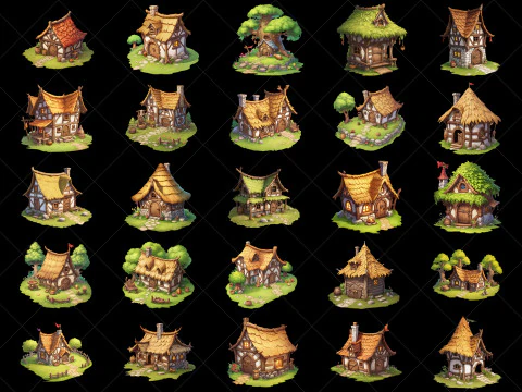 130 Ativos de Jogo Transparent Fantasy Jungle Hut Texturas CG