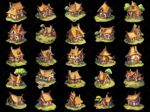 130 Ativos de Jogo Transparent Fantasy Jungle Hut Texturas CG