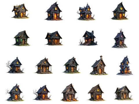 131 Risorse di gioco trasparenti Fantasy Witch Witch Huts CG Textures