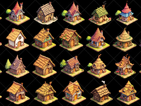 115 transparente Fantasy-H&uuml;tten-Haus-H&auml;user-Spiel-Assets CG Texturen