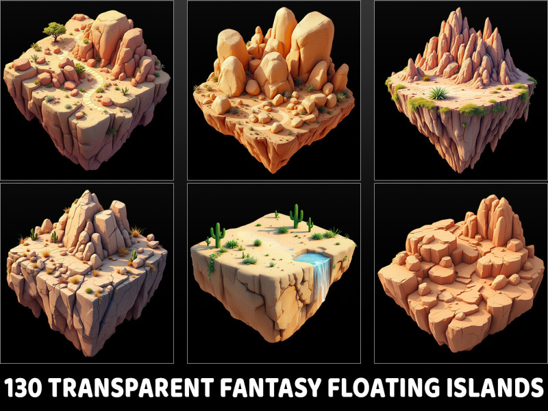 130 Transparent Fantasy Floating Mountain Islands CG 纹理 .c4d .max .obj .3ds .fbx .stl .blend