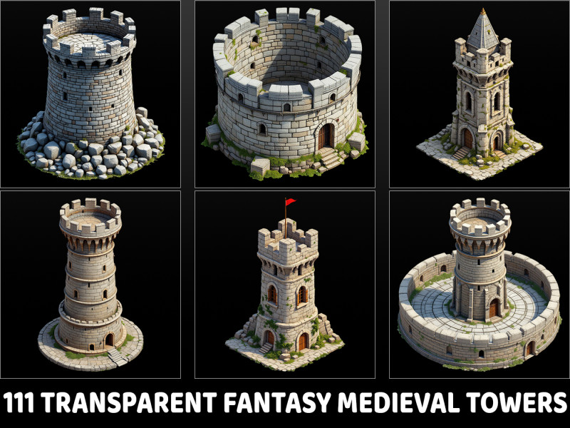 111 Transparent Fantasy Medieval Towers CG 텍스쳐 .c4d .max .obj .3ds .fbx .stl .blend