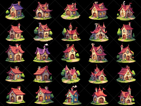 160 Transparent Cartoon House Home Building Game Assets CG Textures