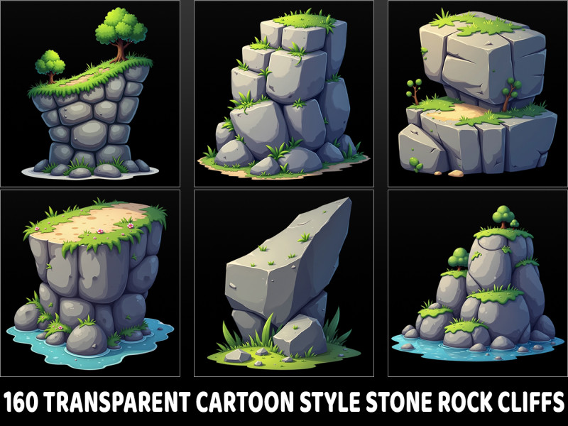 160 Transparent Cartoon Style Stone Rock Cliffs CG Текстуры .c4d .max .obj .3ds .fbx .stl .blend