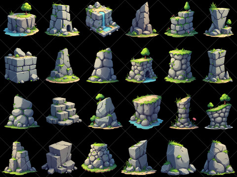 160 Transparent Cartoon Style Stone Rock Cliffs CG Текстуры