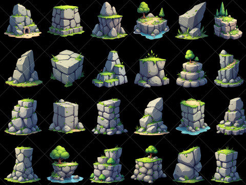 160 Transparent Cartoon Style Stone Rock Cliffs CG Текстуры