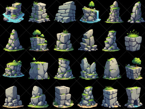 160 Transparent Cartoon Style Stone Rock Cliffs CG Текстуры
