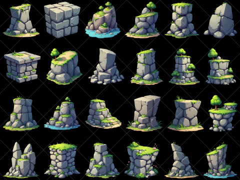 160 Transparent Cartoon Style Stone Rock Cliffs CG Текстуры