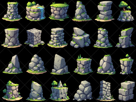 160 Transparent Cartoon Style Stone Rock Cliffs CG Текстуры