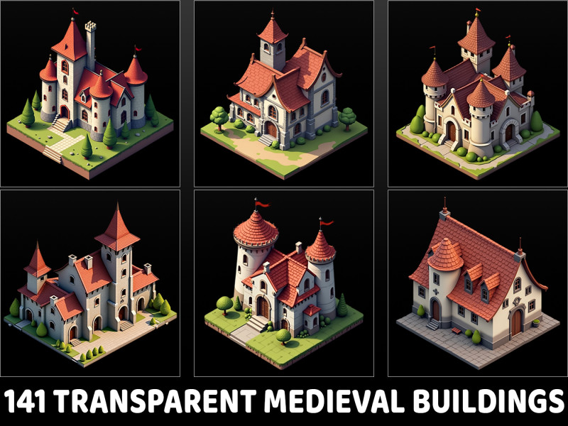 141 Transparent Medieval Buildings Game Asset Texturas CG .c4d .max .obj .3ds .fbx .stl .blend