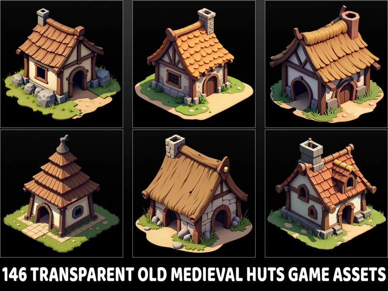146 Transparent Old Medieval Huts Game Assets CG Textures .c4d .max .obj .3ds .fbx .stl .blend 
