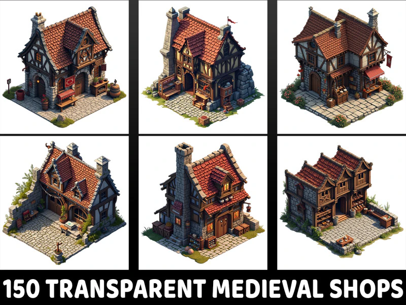 150 Transparent Medieval Shops Game Assets CG Textures .c4d .max .obj .3ds .fbx .stl .blend