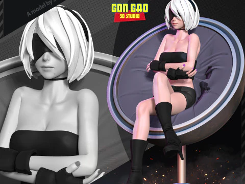 Nier 2b auf einem Stuhl 3D Druckmodell