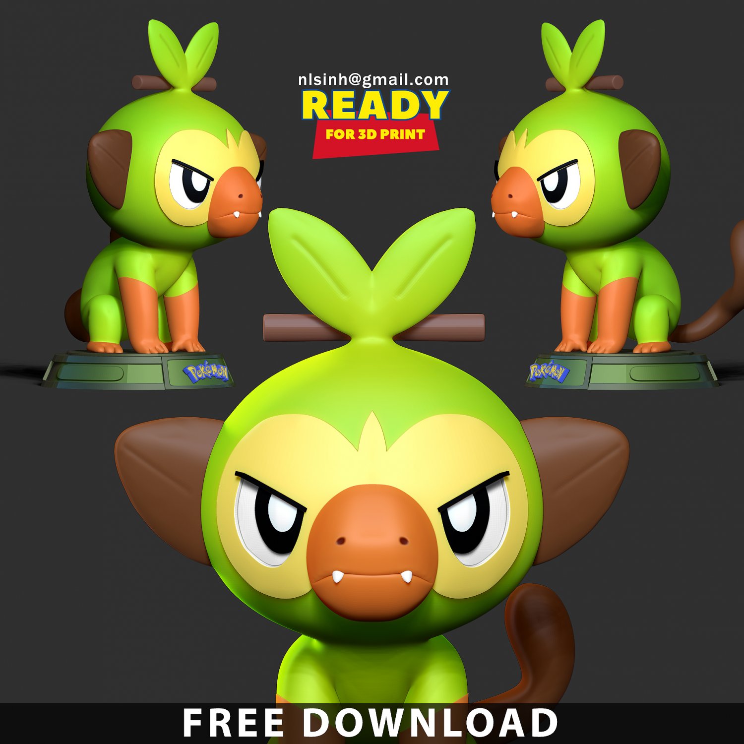 Grookey - Pokemon Fanart Бесплатно 3D Принт Модель In Монстры И.