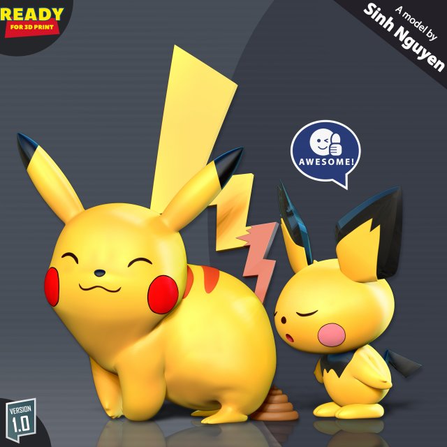 Pikachu and Pichu 3D Baskı Modeli .c4d .max .obj .3ds .fbx .stl .blend 