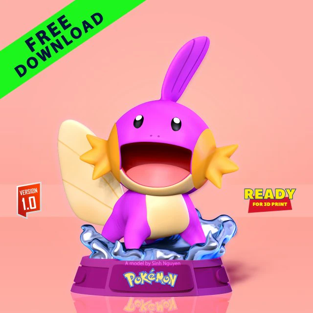 Shiny Mudkip - Pokemon Fanart 3D Print Model .c4d .max .obj .3ds .fbx .stl .blend 