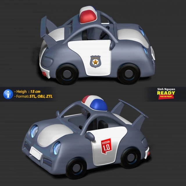 Police car cartoon 3D Print Model .c4d .max .obj .3ds .fbx .stl .blend 