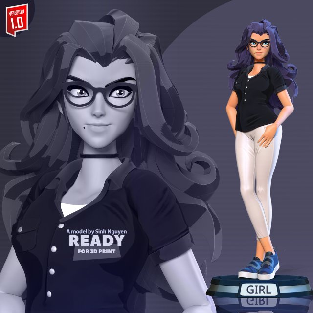Girl with glasses 3D Baskı Modeli .c4d .max .obj .3ds .fbx .stl .blend 