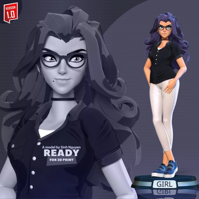 Girl with glasses 3D Print Model .c4d .max .obj .3ds .fbx .stl .blend 