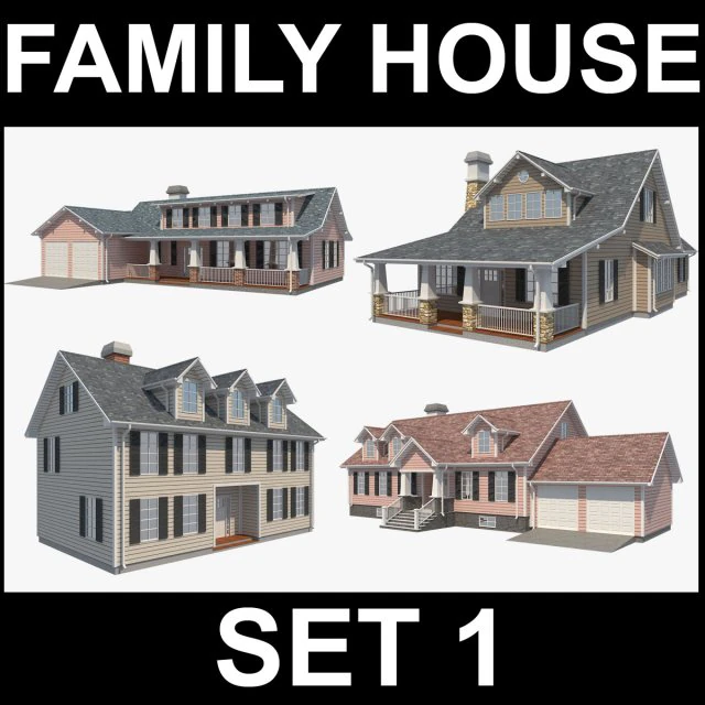 family house set1 3D Model .c4d .max .obj .3ds .fbx .stl .blend 