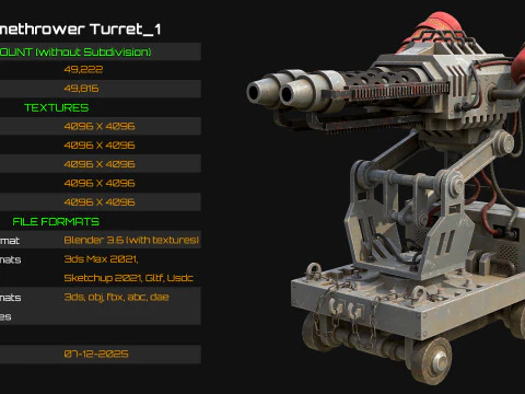 Flamethrower Turret-1-grey 3D Model