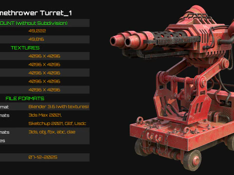 Flamethrower Turret-1-Red 3D Model