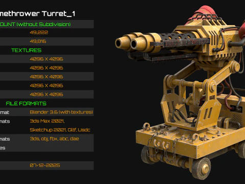 Flamethrower Turret-1-Yellow 3D Model