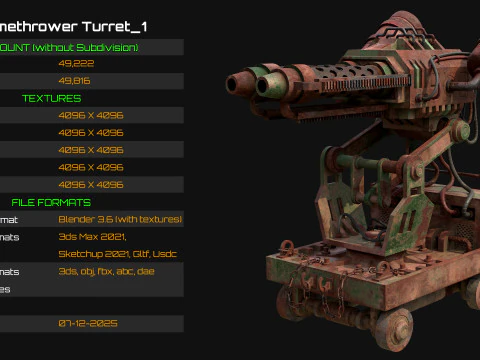 Flamethrower Turret-1-Rusty-Green 3D Model
