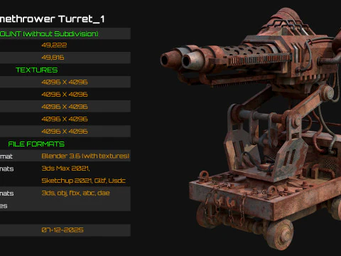 Flamethrower Turret-1-Rusty-Grey 3D Model