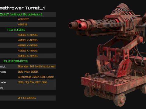 Flamethrower Turret-1-Rusty-Red 3D Model