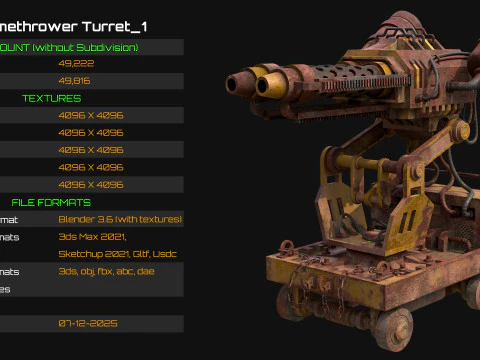 Flamethrower Turret-1-Rusty-Yellow 3D Model