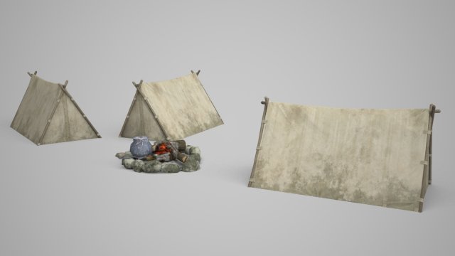 camp tent bonfire 3D Model .c4d .max .obj .3ds .fbx .stl .blend 