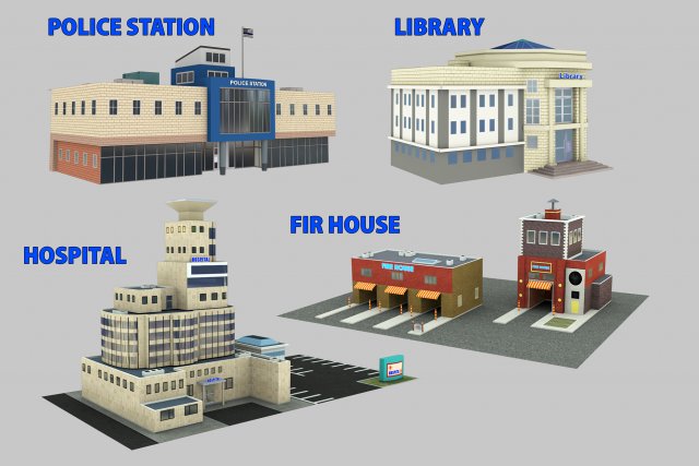 Low Poly Building Pack 4 3D Model .c4d .max .obj .3ds .fbx .stl .blend 