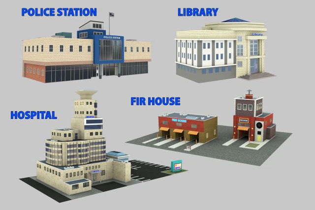 Low Poly Building Pack 4 3D Model .c4d .max .obj .3ds .fbx .stl .blend 