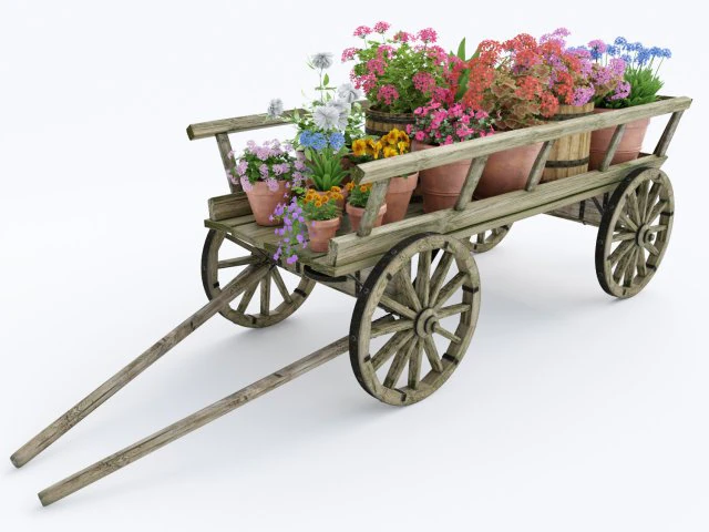 wooden cart flower pot 3D Model .c4d .max .obj .3ds .fbx .stl .blend