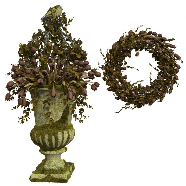 old vase with flowers and wreath 3D Model .c4d .max .obj .3ds .fbx .stl .blend 