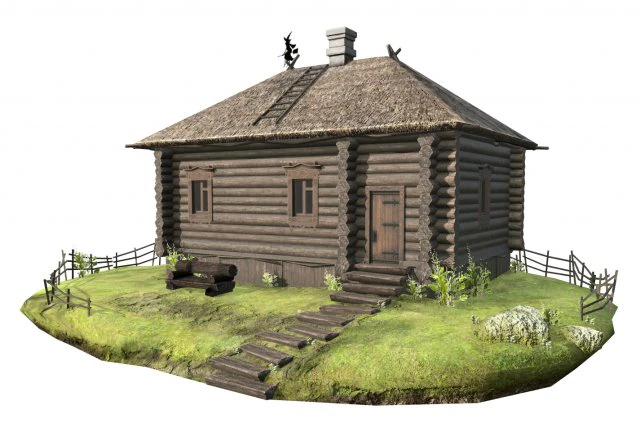 wooden house with thatched roof 3D Model .c4d .max .obj .3ds .fbx .stl .blend 