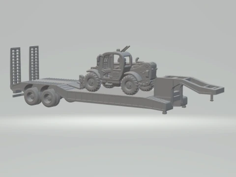 1-64 Lowboy Equipment Trailer with Telehandler Construction Machinery Transport Diorama STL 3D Print Model