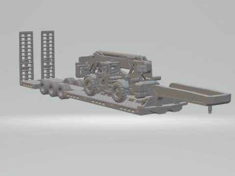 1-64 Lowboy Equipment Trailer with Telehandler Construction Machinery Transport Diorama STL 3D Print Model