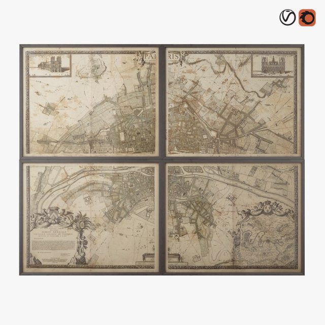 restoration hardware1672 plan de paris four-panel map Model 3D .c4d .max .obj .3ds .fbx .stl .blend 