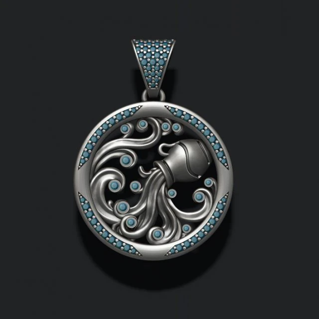 Horoscope acuario pendant with gems 3D Print Model .c4d .max .obj .3ds .fbx .stl .blend 