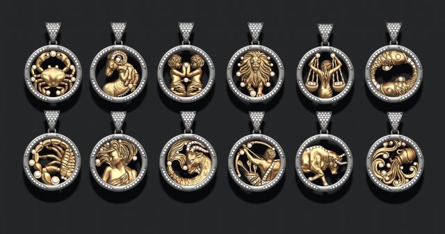 Jewellery horoscope signes pack with gems 3D Print Model .c4d .max .obj .3ds .fbx .stl .blend 