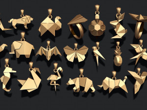 Low poly ship camel lion parrot bat dove bull pendants pack 3d print model 3Dプリントモデル