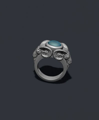 Two head ram ring with gem 3D Print Model .c4d .max .obj .3ds .fbx .stl .blend 