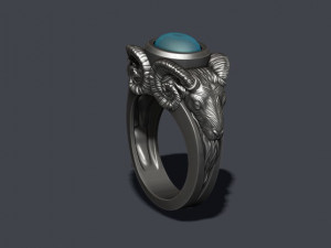 Two head ram ring with gem 3D Print Model